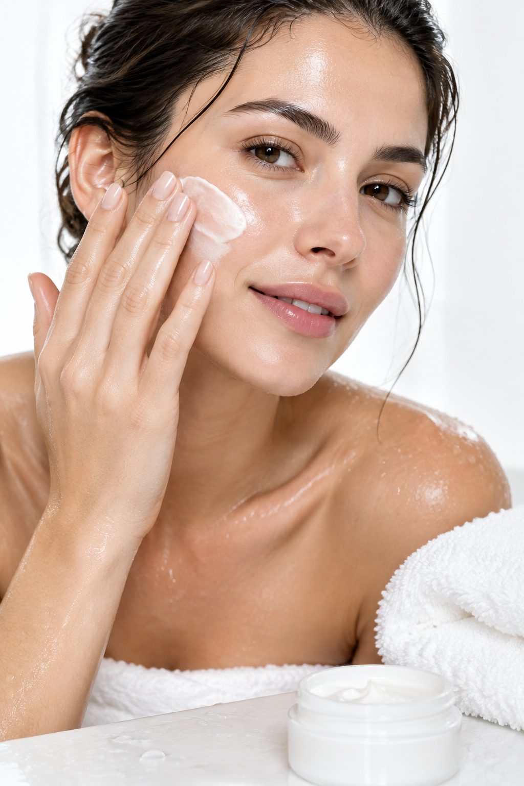 Femme appliquant une crème